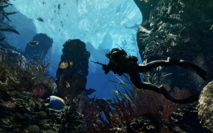 A captivating underwater scene from the video game Call of Duty: Ghosts, featuring a diver amidst vibrant coral, fish, and the shimmering surface above. Suitable as HD PC desktop wallpaper.