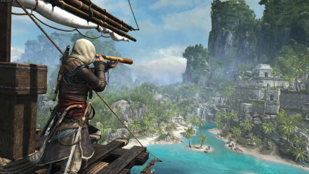 A character from Assassin's Creed IV: Black Flag peers through a telescope from a ship, overlooking a lush tropical landscape with mountains and clear turquoise waters.