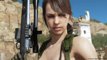 A detailed PC desktop wallpaper featuring a character from Metal Gear Solid V: The Phantom Pain, showcasing a determined expression and holding a firearm against a rugged landscape.