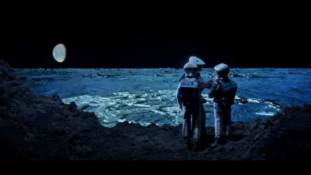 HD desktop wallpaper depicting two astronauts on the moon's surface, inspired by the movie 2001: A Space Odyssey, with Earth visible in the dark sky.