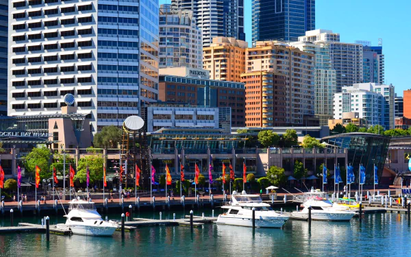 View of yachts docked at Darling Harbour marina with Sydney city buildings and wharf in the background, showcasing a vibrant man-made harbor in Australia.