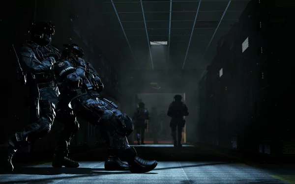 A dramatic scene from Call of Duty: Ghosts featuring soldiers in tactical gear within a shadowy corridor, creating an intense atmosphere for this HD desktop wallpaper.