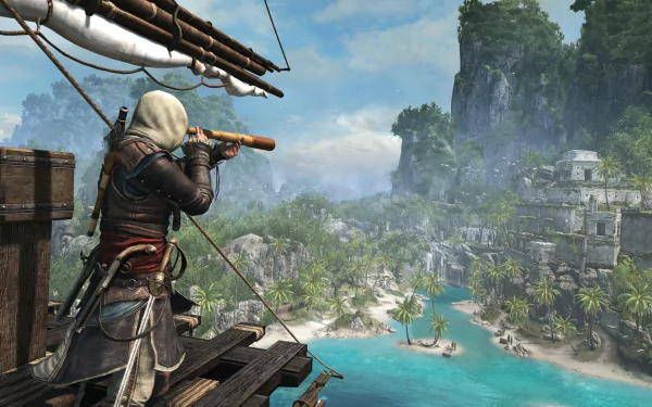 A character from Assassin's Creed IV: Black Flag peers through a telescope from a ship, overlooking a lush tropical landscape with mountains and clear turquoise waters.