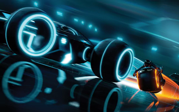 HD PC desktop wallpaper featuring a futuristic light cycle and rider from the movie TRON: Legacy, showcasing neon blue and orange glowing trails in a digital world.