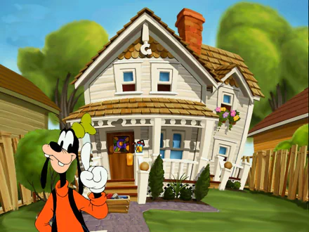 A colorful HD wallpaper featuring Goofy standing outside his charming home, surrounded by greenery, capturing the whimsical essence of Disney movies.