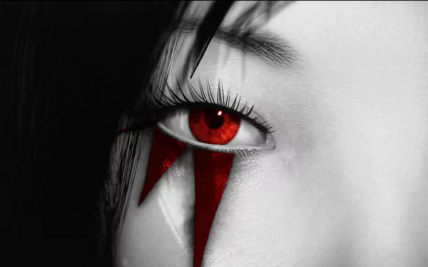 An eye with striking red accents, reminiscent of Faith Connors from the video game Mirror's Edge Catalyst, set against a stark black and white background, creates a dramatic visual impact.