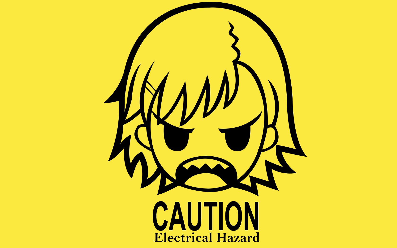 Anime-inspired HD desktop wallpaper featuring a stylized character with an angry expression and a caution sign labeled Electrical Hazard on a bright yellow background.