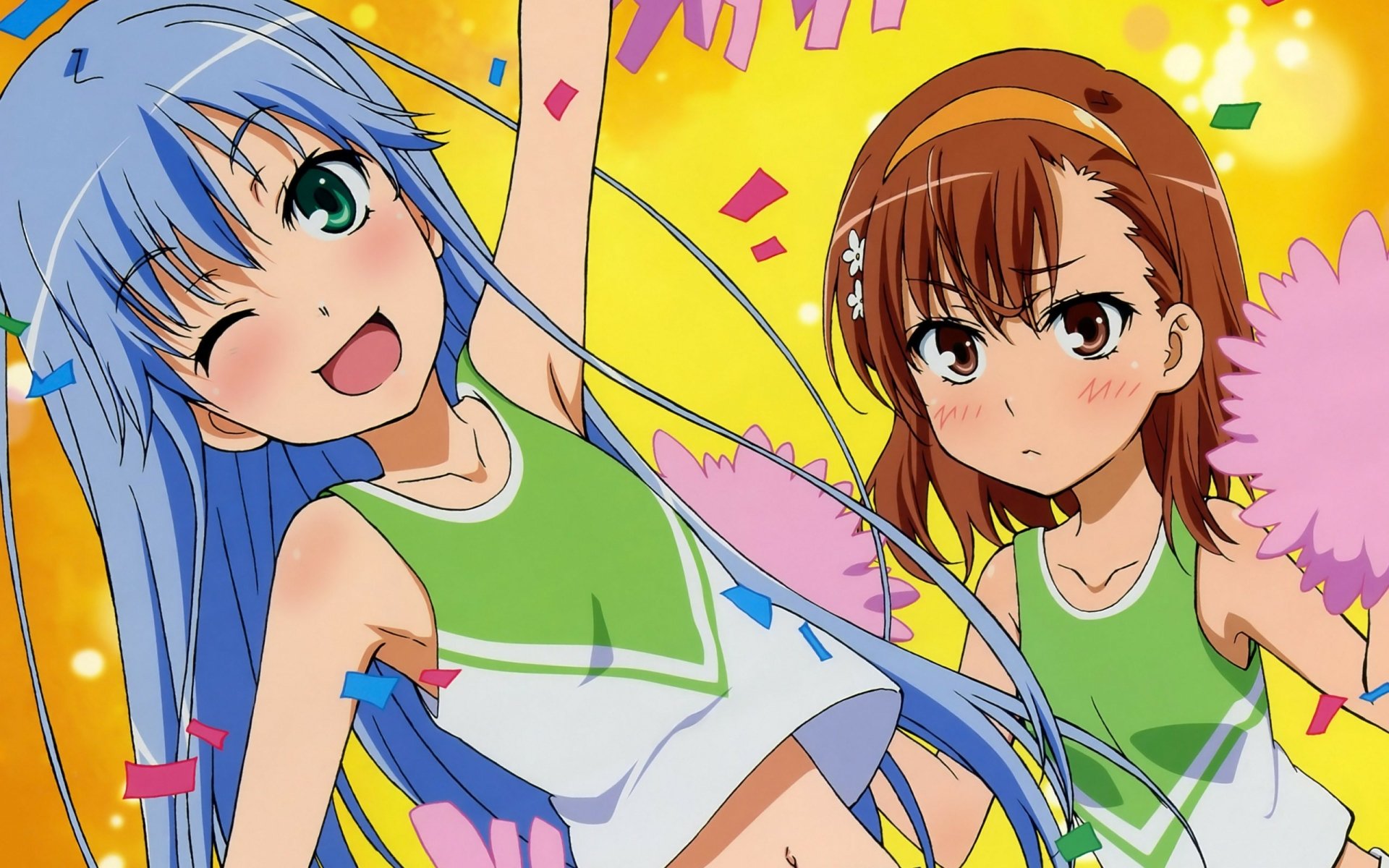 HD PC desktop wallpaper featuring vibrant anime characters from A Certain Magical Index in energetic cheerleading poses with bright yellow and pink background elements.