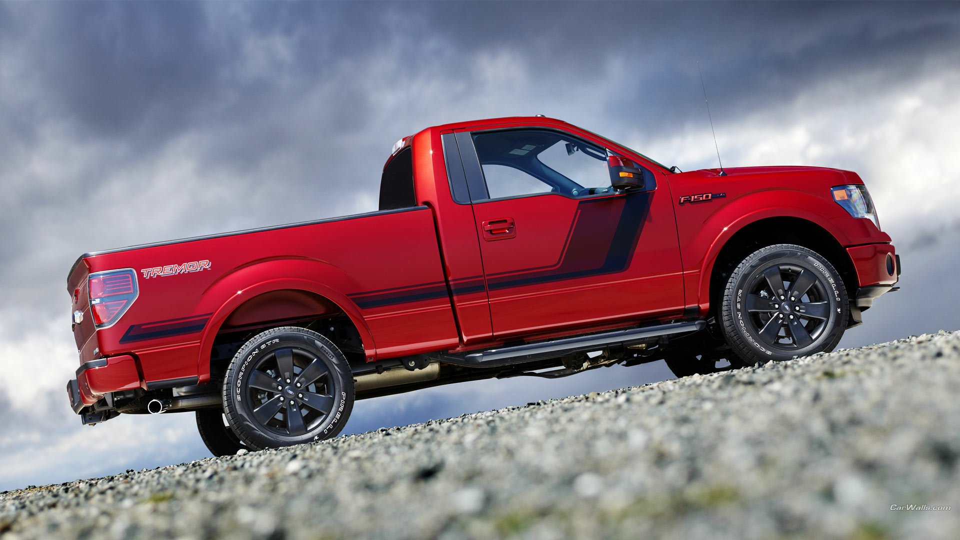 A vibrant red 2014 Ford F-150 Tremor pickup truck set against a cloudy sky, captured in high definition as a PC desktop wallpaper and background.