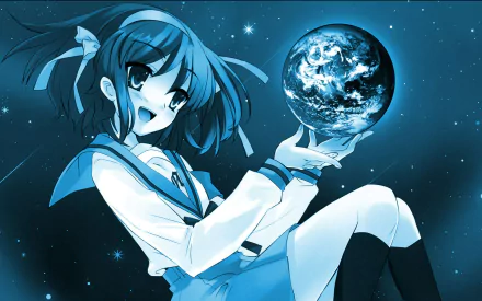 Haruhi Suzumiya holds a glowing Earth against a deep blue starry background in this HD wallpaper from The Melancholy of Haruhi Suzumiya.