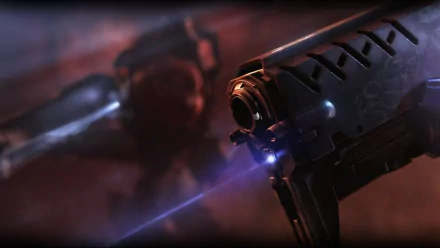 A dynamic HD PC desktop wallpaper featuring a close-up of a futuristic weapon from the video game Starcraft, with vibrant colors and dramatic lighting.