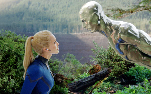 A scene from Fantastic 4: Rise of the Silver Surfer, featuring a woman in a blue suit facing the Silver Surfer amidst a vibrant natural backdrop. 4K Ultra HD desktop wallpaper.