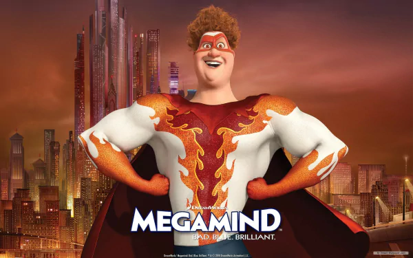 A vibrant HD wallpaper featuring a confident character from the movie MegaMind, standing proudly with a city skyline in the background. The image showcases colorful animation and dynamic design.