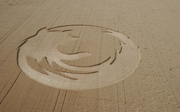 HD desktop wallpaper featuring a detailed man-made crop circle design in a vast golden field.