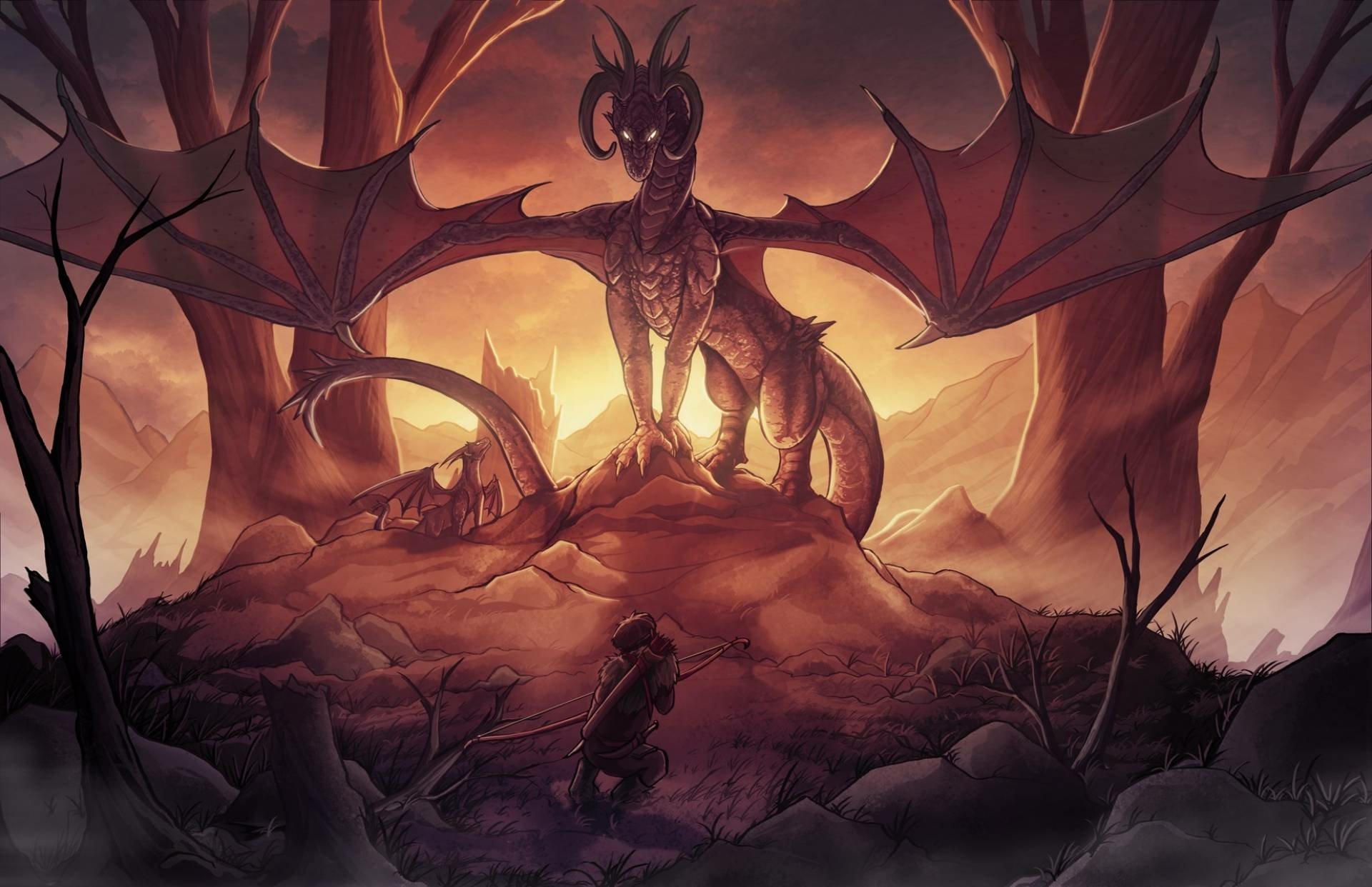 HD fantasy PC desktop wallpaper depicting a majestic dragon perched on rocky terrain amidst a dark, eerie forest at sunset.