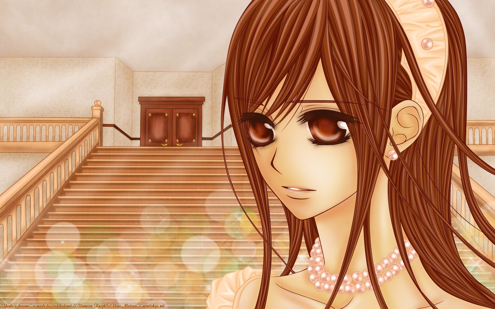 Anime-inspired HD desktop wallpaper from Vampire Knight, featuring a young girl with long brown hair and striking eyes, set against a softly lit staircase background.