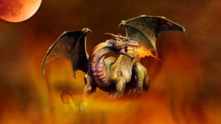 HD fantasy PC desktop wallpaper featuring a fierce dragon with wings spread, breathing fire against a fiery, smoky orange background with a glowing moon.