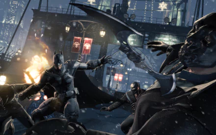 A dynamic scene from Batman: Arkham Origins, featuring Batman in action against adversaries in a snowy Gotham City, set against an atmospheric, high-definition backdrop.