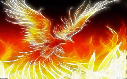 A vibrant phoenix rises from fiery flames, depicted in a stunning HD wallpaper. This fantasy imagery captures the essence of rebirth and power.