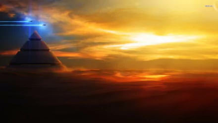 HD desktop wallpaper featuring a fantastical scene with a glowing pyramid under a dramatic sky illuminated by a mystical blue light beam.