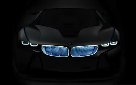 A sleek, front-facing image of a BMW i8 in low light, showcasing its illuminated headlights and grille. High-definition wallpaper and background.