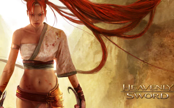 HD PC desktop wallpaper featuring the fiery red-haired protagonist from the video game Heavenly Sword, wielding a sword with intense focus against a muted background.