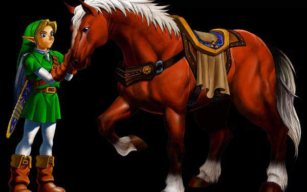 HD PC desktop wallpaper from the video game The Legend of Zelda: Ocarina of Time, featuring Link standing beside the horse Epona on a black background.