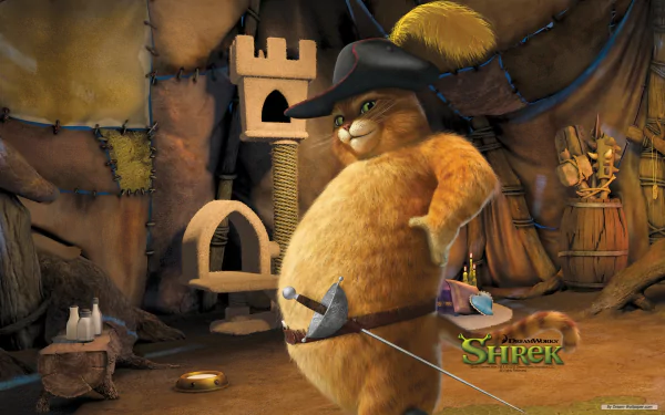 HD PC desktop wallpaper featuring Puss in Boots from the movie Shrek Forever After, showcasing the character in a rustic, detailed setting.