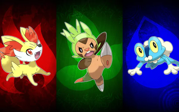 A vibrant HD wallpaper featuring Fennekin, Chespin, and Froakie from Pokémon X and Y, showcasing their distinctive colors against a dynamic background.