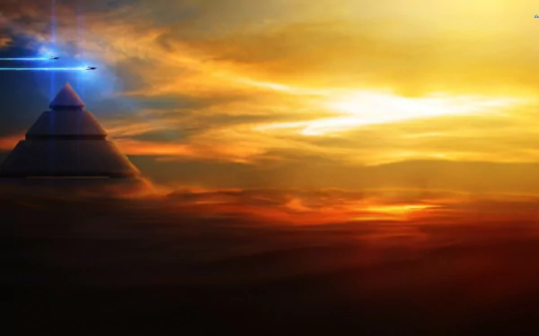 HD desktop wallpaper featuring a fantastical scene with a glowing pyramid under a dramatic sky illuminated by a mystical blue light beam.
