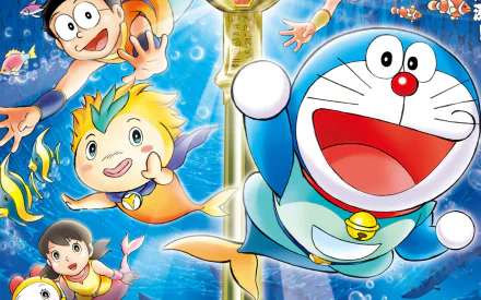 Colorful HD wallpaper featuring characters from Doraemon: Nobita's Great Battle of the Mermaid King, showcasing underwater adventures with Doraemon and friends.