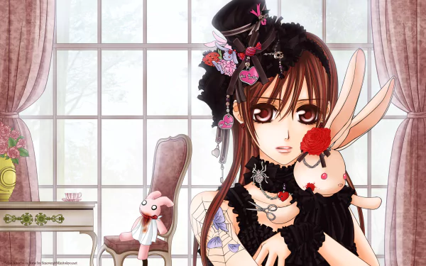 A detailed HD wallpaper featuring a girl in an elegant gothic outfit holding a plush bunny, surrounded by a soft, light-filled room, inspired by Anime and Vampire Knight themes.
