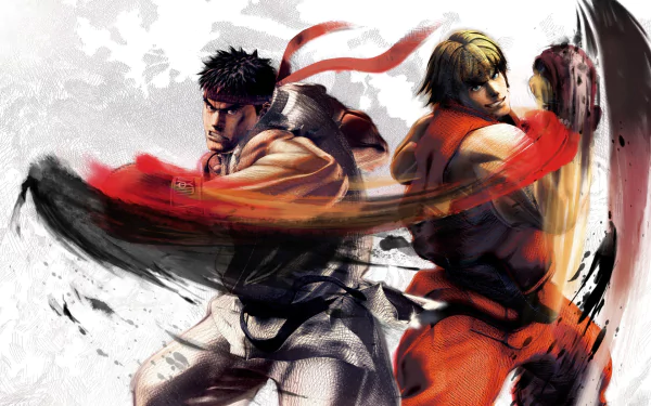 HD desktop wallpaper featuring Ken Masters and Ryu from Street Fighter, showcasing dynamic action and vibrant colors inspired by the iconic video game series.