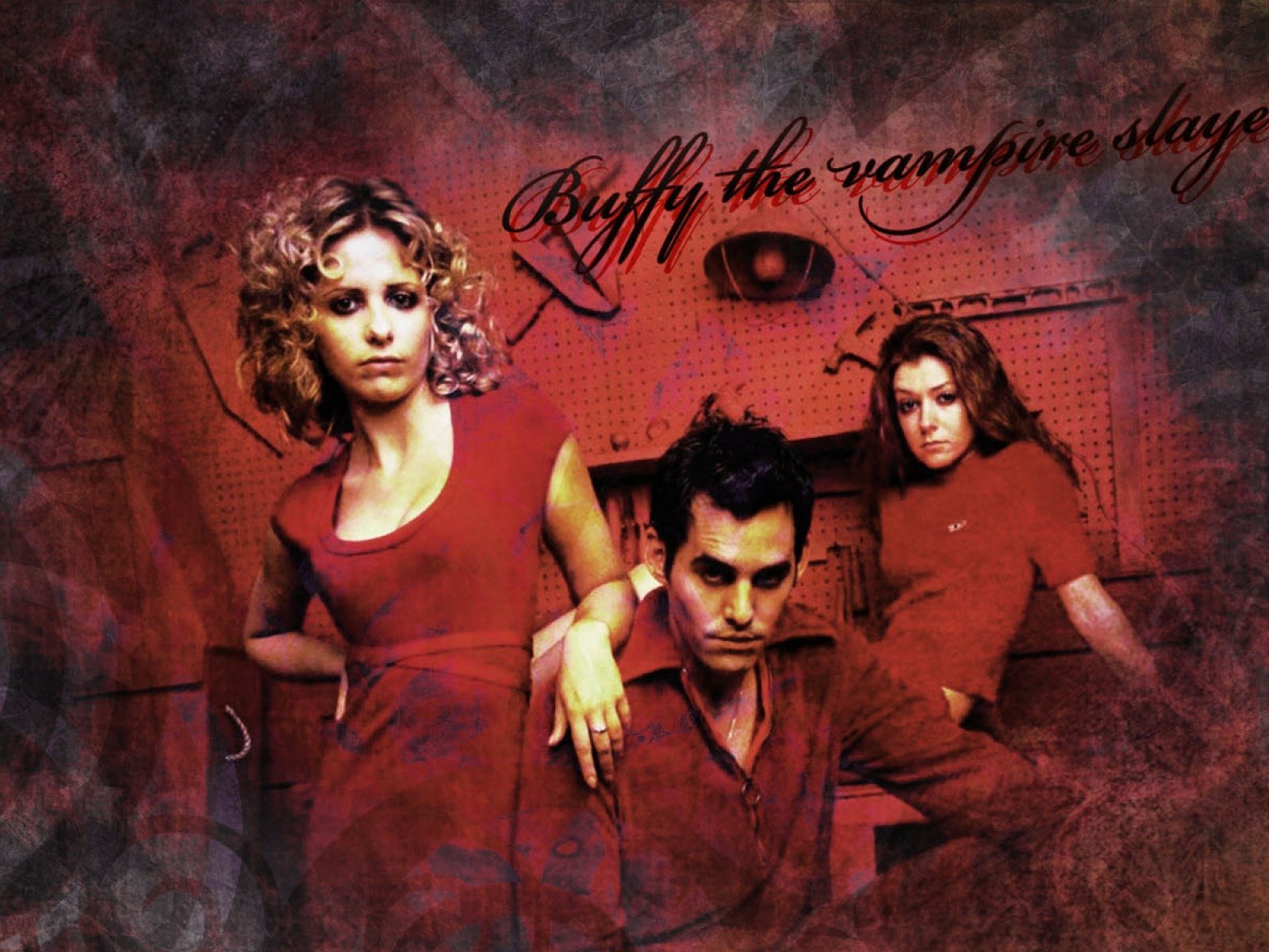 HD PC desktop wallpaper of the TV show Buffy the Vampire Slayer showing three characters posed against a textured, blood-red background with the series title.