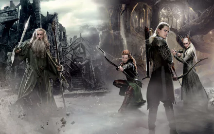 A misty scene from *The Hobbit: The Desolation of Smaug*, featuring Thranduil, Tauriel, Legolas, and Gandalf, set against a dramatic backdrop of ruins and fog.