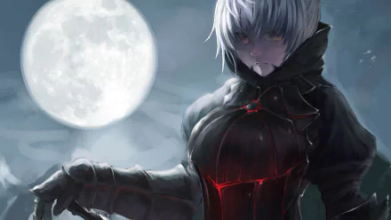 A striking HD wallpaper featuring Saber Alter from Fate/Stay Night, set against a dramatic moonlit background. The character's intense expression and dark attire create a captivating scene.