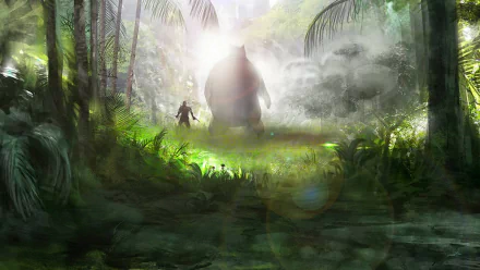 HD PC desktop wallpaper from the video game World of Warcraft: Mists of Pandaria, depicting a misty jungle scene with two figures emerging through dense foliage.