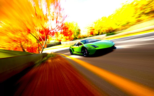 Vibrant HD PC desktop wallpaper and background of a green Lamborghini Gallardo Superleggera racing on a blurred autumn road with bright foliage.
