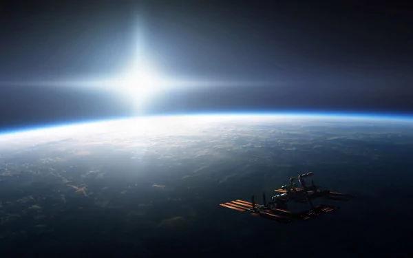 HD Sci-Fi desktop wallpaper featuring a detailed satellite orbiting above a glowing planetary horizon with a bright star in the background.