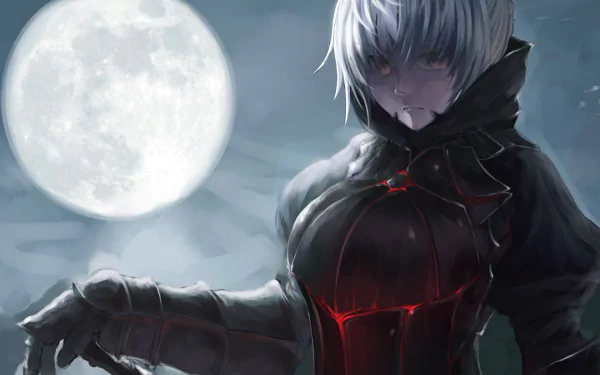 A striking HD wallpaper featuring Saber Alter from Fate/Stay Night, set against a dramatic moonlit background. The character's intense expression and dark attire create a captivating scene.