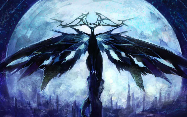 HD wallpaper featuring a fantasy creature with dark wings set against a large, luminous moon in a mystical blue-toned background.