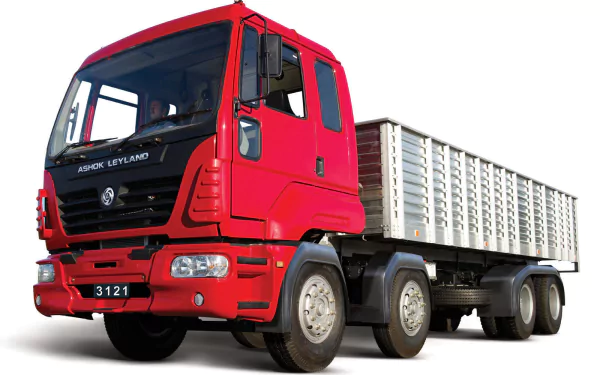 HD PC desktop wallpaper/background of a red Ashok Leyland heavy-duty cargo vehicle on a white backdrop.