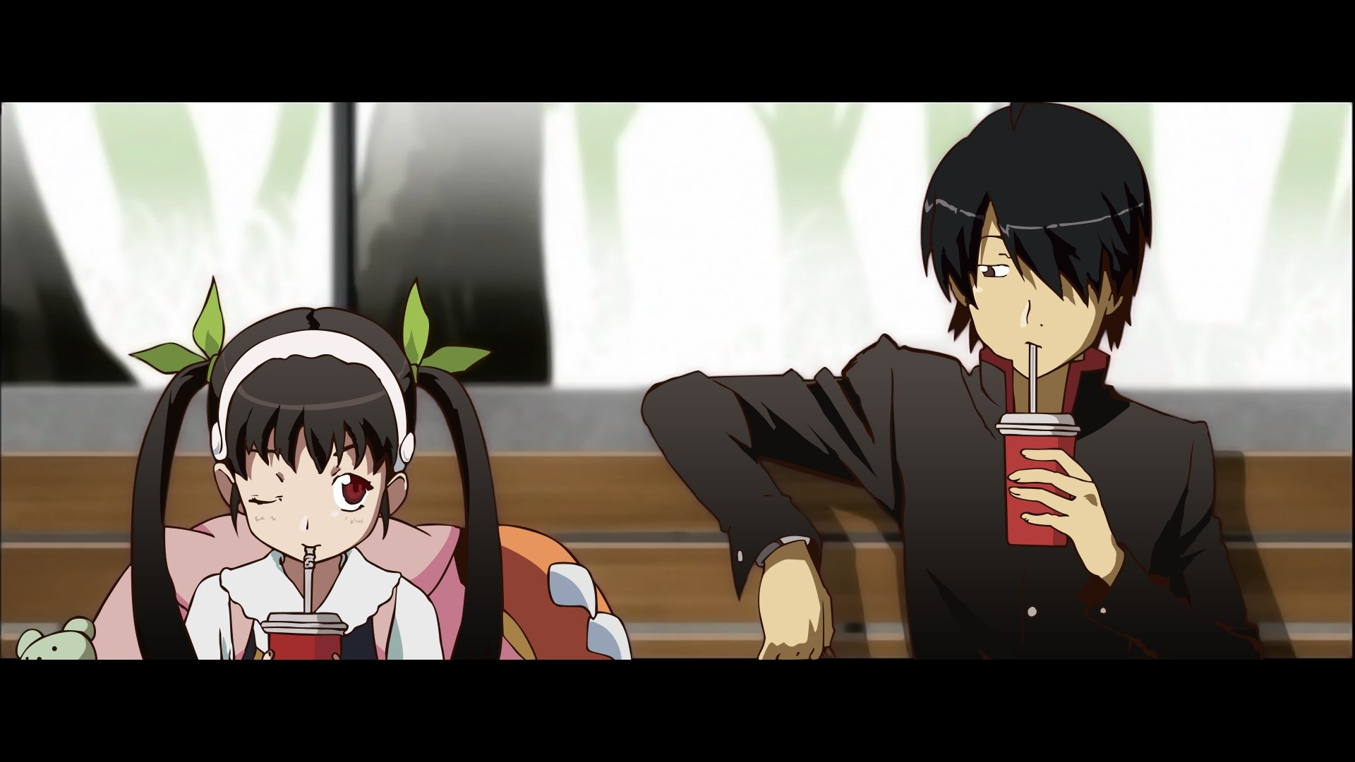 4K Ultra HD wallpaper featuring black-haired anime characters Koyomi Araragi and Mayoi Hachikuji from the Monogatari series enjoying drinks together indoors.