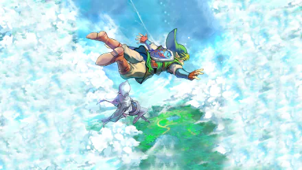 A vibrant HD wallpaper featuring characters from The Legend of Zelda: Skyward Sword, highlighting an exhilarating moment of flight amidst clouds and lush landscapes.