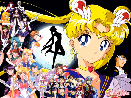 HD desktop wallpaper featuring various characters from the anime Sailor Moon, with a prominent image of Sailor Moon herself in the foreground and a silhouette of her iconic pose against the moon in the background.