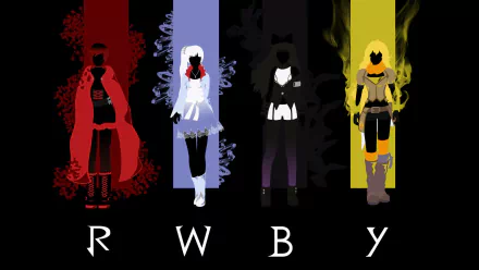An HD desktop wallpaper featuring silhouettes of characters from the anime RWBY, set against bold colored stripes representing each character's theme.