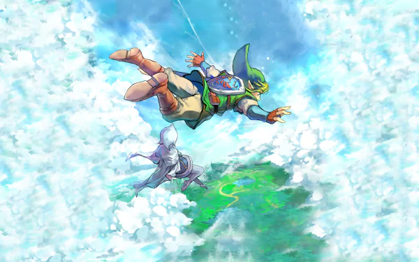 A vibrant HD wallpaper featuring characters from The Legend of Zelda: Skyward Sword, highlighting an exhilarating moment of flight amidst clouds and lush landscapes.