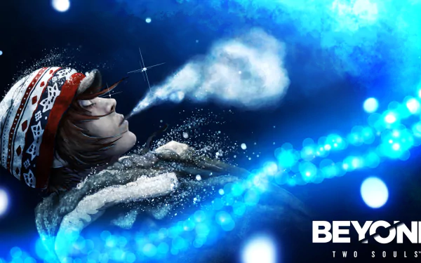 HD PC desktop wallpaper featuring a character from the video game Beyond: Two Souls, exhaling mist in a vibrant blue, snowy and mystical atmosphere.