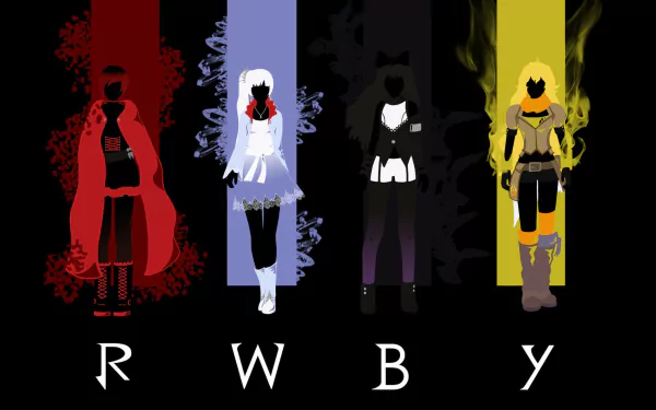An HD desktop wallpaper featuring silhouettes of characters from the anime RWBY, set against bold colored stripes representing each character's theme.