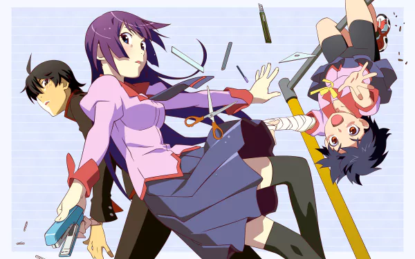 4K Monogatari Series wallpaper showing black‑haired Koyomi Araragi with Hitagi Senjōgahara and Suruga Kanbaru in dynamic falling poses, wearing school uniforms on a pale background.